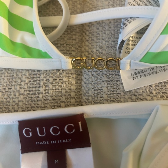 Gucci Swimsuit Set in Green and White Stripes with gold brand on top. - Picture 3 of 9